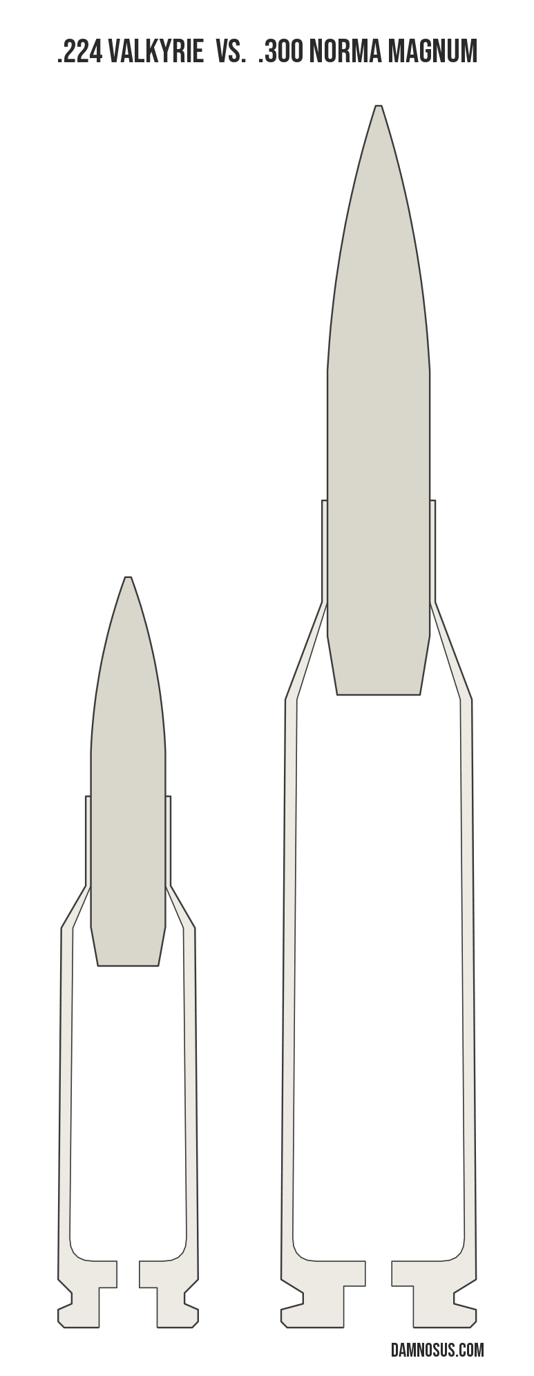 .224 Valkyrie vs .300 Norma Magnum cartridge size comparison, drawn to scale and aligned at the case head.
