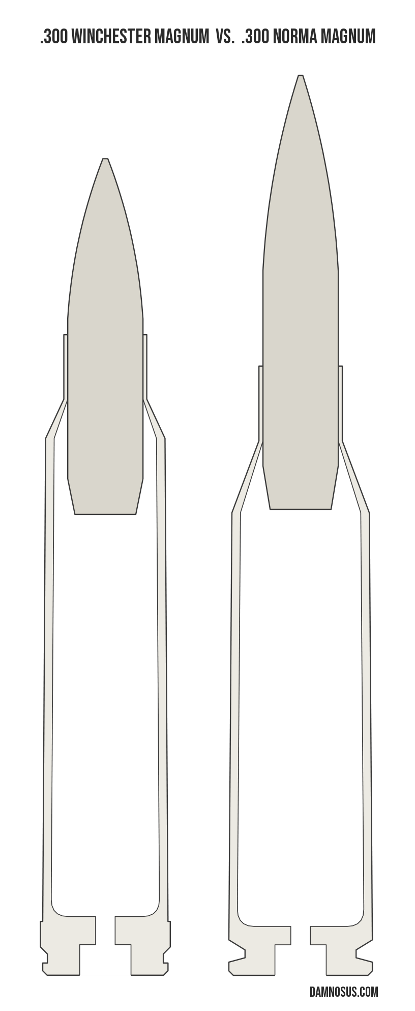 .300 Winchester Magnum vs .300 Norma Magnum cartridge size comparison, drawn to scale and aligned at the case head.