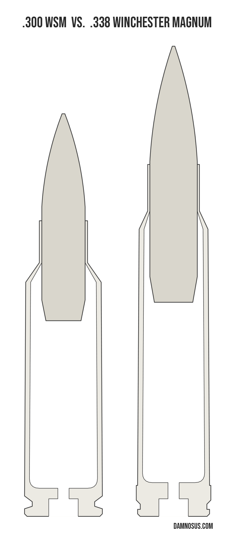 .300 WSM vs .338 Winchester Magnum cartridge size comparison, drawn to scale and aligned at the case head.